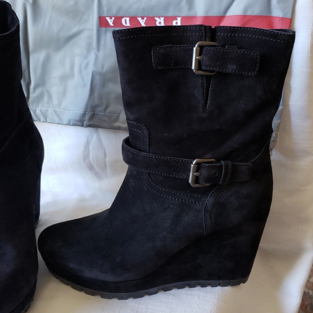 Prada Authentic Suede Black Wedge Boots 39.5EU=9.5 - Picture 2 of 16